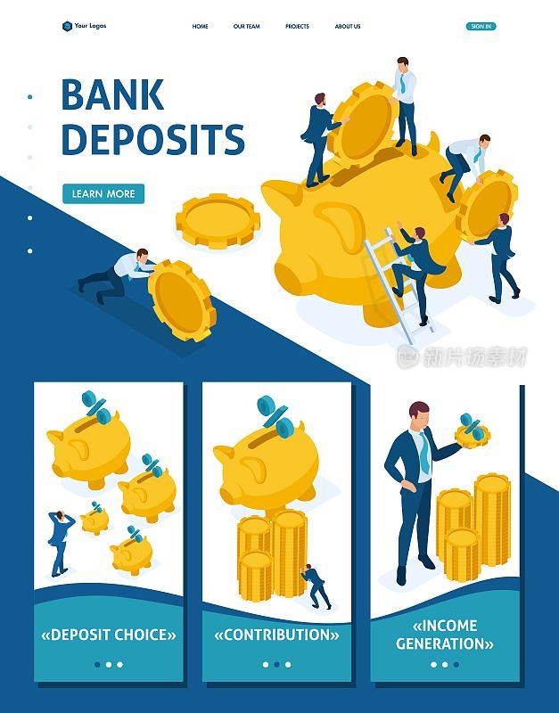Isometric Website Template Landing page The concept of investing in a bank deposit, small people carry money. Adaptive 3D